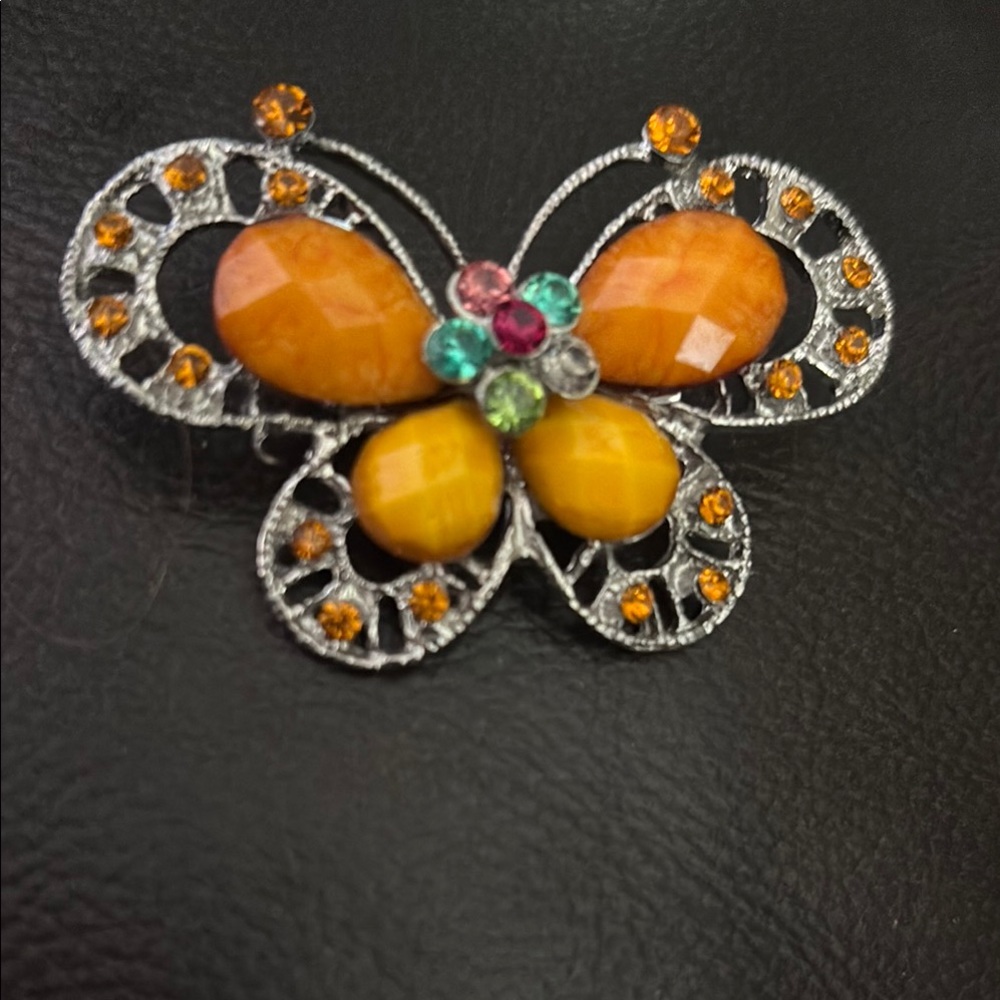 Elegant Silver and Orange Butterfly Brooch